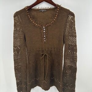 Hazel Y2K Mohair Blend Boho Pointelle Knit Babydoll Tunic Sweater Fairycore M